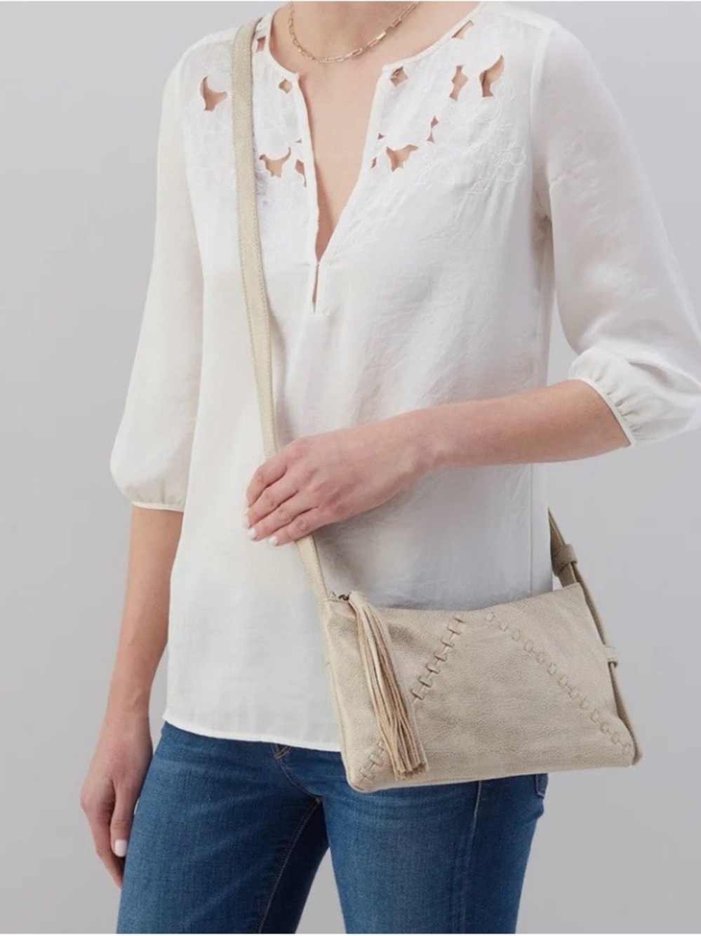 HOBO Cream Leather Crossbody with Tassel and Whipstitch Detail - Picture 2 of 6